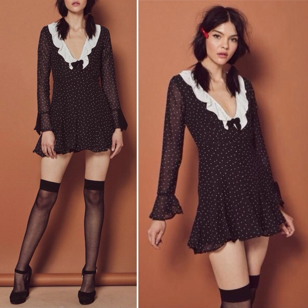 RARE ⚡️ NEW FOR LOVE LEMONS BIANCA POLKA DOT BLACK WHITE LONG SLEEVE MINI DRESS